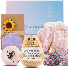 an assortment of items that include donuts, soaps, and other decorative items