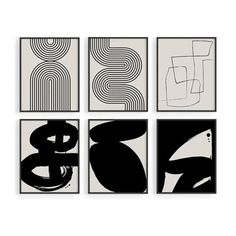 four black and white art pieces hanging on the wall, each with an abstract design