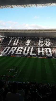 a stadium filled with lots of people standing on top of a soccer field covered in white letters