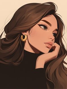 a painting of a woman with long brown hair and gold hoop earrings on her ear