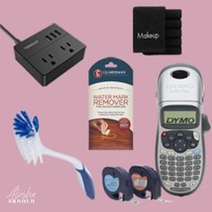 the contents of a cell phone, toothbrush, and other items on a pink background