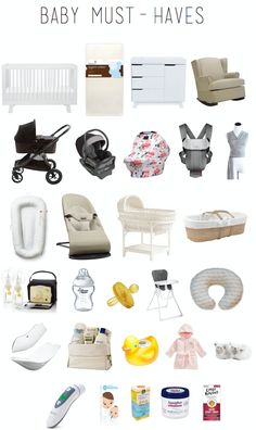 the baby must haves list is shown in white and black, including an infant's crib