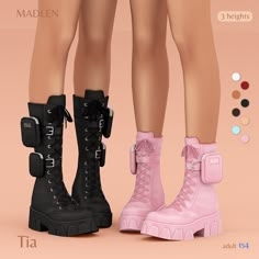 two pairs of black and pink combat boots with buckles on the sides, standing next to each other