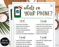 what's on your phone? printable vacation checklist with palm leaves and straw hats