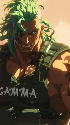 an anime character with green hair and piercings on his chest, looking at the camera