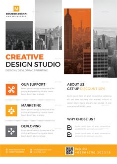 an orange and black flyer for a design studio with cityscape in the background