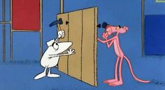 an animated pinky and the brain is opening a door to another cartoon character with a hammer