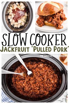 slow cooker jackfruit pulled pork recipe in the crock pot with text overlay