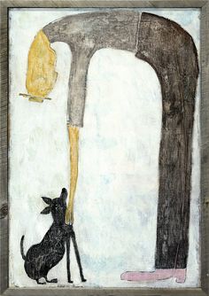 a drawing of a dog sitting in front of a man with a hammer on his head