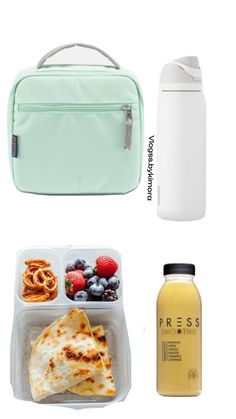 the lunch box is full of food, drinks and juices to go with it