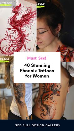 Explore 40 stunning Phoenix tattoo options tailored for women. Featuring a variety of vibrant designs, including arm tattoos and intricate drawings, this pin showcases the meaning of strength and rebirth through four unique images.