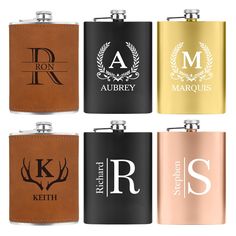 four different colored flasks with initials on them