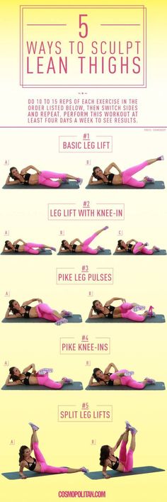 the 5 ways to sculpt lean thighs poster is shown in pink and yellow