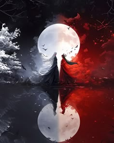 a woman standing in front of a full moon with red and black colors on it