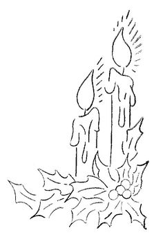 a drawing of a candle with holly leaves