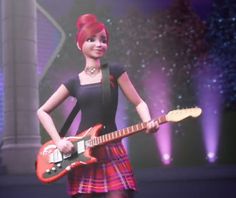 a woman with red hair is holding a guitar and wearing a kilt while standing in front of a stage