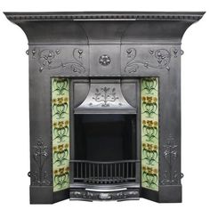 an ornate fireplace with green and yellow flowers on the mantle, isolated against a white background