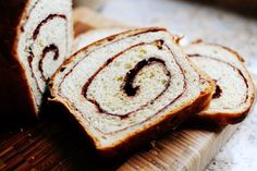 slices of cinnamon swirl bread on a cutting board