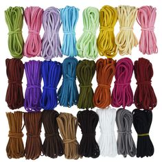 PRICES MAY VARY. Package Includes: 24 bundles of 2.6 mm faux suede cord in 24 colors, 5.5 yards/5m long per color, 2.6 mm in width, thickness: 1.5mm, total is about 120m(130 yards in fact) Material: The faux suede cord made from high-quality faux leather, it gives you a soft and smooth feel of touch. It is not easy to fade. 24 colors can meeting your various needs. Bright & Vivid Colors: There are about 24 different colors that look nice and beautiful - Black, dark coffee, light gray, medium cof Chinese Knotting Cord, Chinese Knotting, Diy Beading, Lace Flats, Beading Cord, Braided Bracelet, Suede Cord, Diy Crafts Jewelry, Beading Supplies