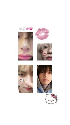 four different pictures of the same person with hello kitty on their nose and lip stickers