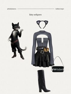 an image of a woman's outfit and boots with cats on the clothes,