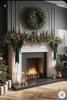 a fireplace decorated for christmas with candles and decorations