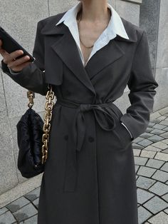 1pc Women's Solid Color Loose Long Sleeve Belted Long Trench Coat Grey Elegant  Long Sleeve Woven Fabric Plain Regular Non-Stretch Fall/Winter Women Clothing, size features are:Bust: ,Length: ,Sleeve Length: Double Breasted Overcoat, Fashion Stand, Jeans Casual, Long Trench, Long Trench Coat, Belted Trench Coat, Casual Cardigans, Flare Leg Jeans, Trench Coats Women