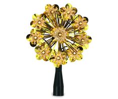 a yellow and black flower shaped object with lots of small beads on it's center