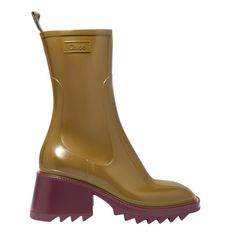 Chlo Betty Two-Tone Rain Boots Santel Green Burgundy Block Heel Boots Details * Authentic * Size: 36 * Waterproof * Square Toe * Zippered Fastening * Back Logo Pull * Beveled Block Heel * Notched Sole * Mid-Calf Material * Outer: 100% Polyvinile Chloride * Lining/Insole:100% Elastane * Sole: 100% Polyvinile Chloride Approx. Measurements * Heel Height: 2" * Total Shaft Height: 11" Classic Green Boots With Rubber Sole, Green Rubber Sole Rain Boots For Outdoor, Chloe Betty Rain Boots, Casual Ankle-high Rain Boots With Rubber Sole, Green Non-slip Rain Boots For Outdoor, Chloe Shoes, Block Heel Shoes, Block Heel Boots, Heel Boots