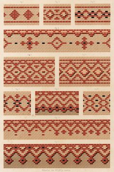 an old fashioned cross stitch pattern in red and beige colors, with different patterns on it