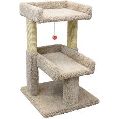 a cat tree with a ball hanging from it's top and a scratching post on the bottom