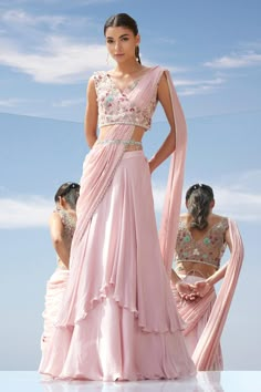 Draped Saree Gown, Layered Lehenga, Drape Sarees, Carnation Pink, Traditional Indian Outfits