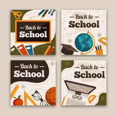 four school cards with different items on them