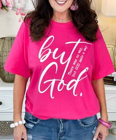 Express your faith with our But God Graphic Shirt, a powerful reminder of divine intervention and unwavering belief. Available in sizes YXS to 5XL, this shirt offers a comfortable and flattering fit for everyone, making it a cherished addition to your spiritual wardrobe.
Featuring the bold phrase "But God" in large white lettering, followed by the inspiring message "there was no way but GOD made a way" in smaller print, this shirt beautifully captures the essence of faith and resilience. Choose from a variety of colors to match your personal style and make a meaningful statement.
Crafted from high-quality fabric, our shirt provides exceptional softness and durability, perfect for everyday wear. Whether you're attending a church service, participating in a faith-based event, or simply shari But God, Pink Cotton Inspirational T-shirt, Pink Long Sleeve T-shirt With Sublimation Print, Pink Stretch T-shirt With Text Print, Pink Relaxed Fit T-shirt With Logo Print, Pink Relaxed Fit T-shirt With Text Print, Black Friday Christmas, Church Service, Monogram Shirts