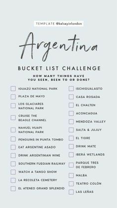 the argentina bucket list is shown in black and white