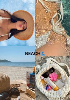 the collage shows photos of women in bikinis, hats and bags on the beach