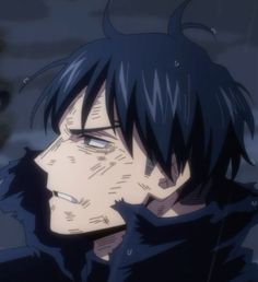 an anime character with black hair and blue eyes looking to his left in the rain