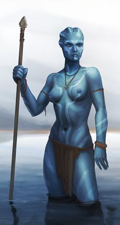 a woman with blue skin holding a stick in her hand and standing in the water