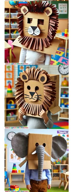 an animal mask made out of cardboard and some other things in the shape of a lion