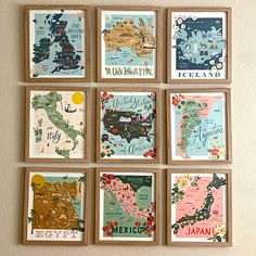 six framed maps are hanging on the wall