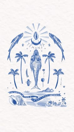 a blue and white tile with an image of a woman in the ocean surrounded by palm trees