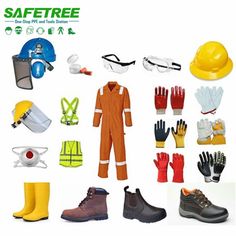 safety clothing and gloves are arranged on a white background with the words safetree written below