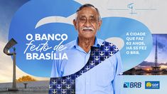 an older man wearing a blue shirt and tie standing in front of a sign that says o banco fetio de brasil