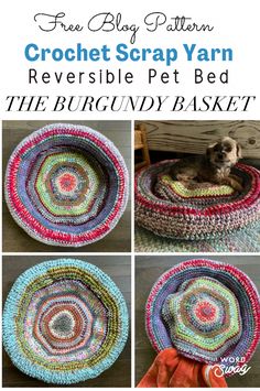 crochet pet bed made with the roundy basket pattern is shown in four different pictures