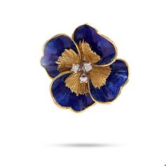 Vintage Tiffany & Co. Diamond Enamel 18k Yellow Gold Pansy Brooch Engagement Ring Quiz, Halo Style Engagement Rings, Retro Era, Jewelry Education, Vintage Tiffany, Gold And Blue, Enamels