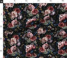 a floral print fabric with pink and red roses on black, shown from the side