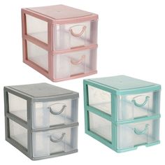 three plastic storage boxes with handles on each one and two different colored drawers on the other