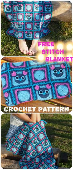 the crochet blanket is made with two different colors and patterns, including one in blue