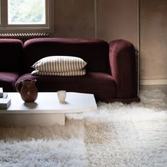 a living room with a couch, coffee table and rug on the floor in front of a window