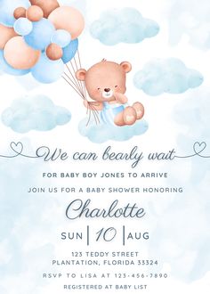 a baby shower party with a teddy bear flying in the sky and holding some balloons